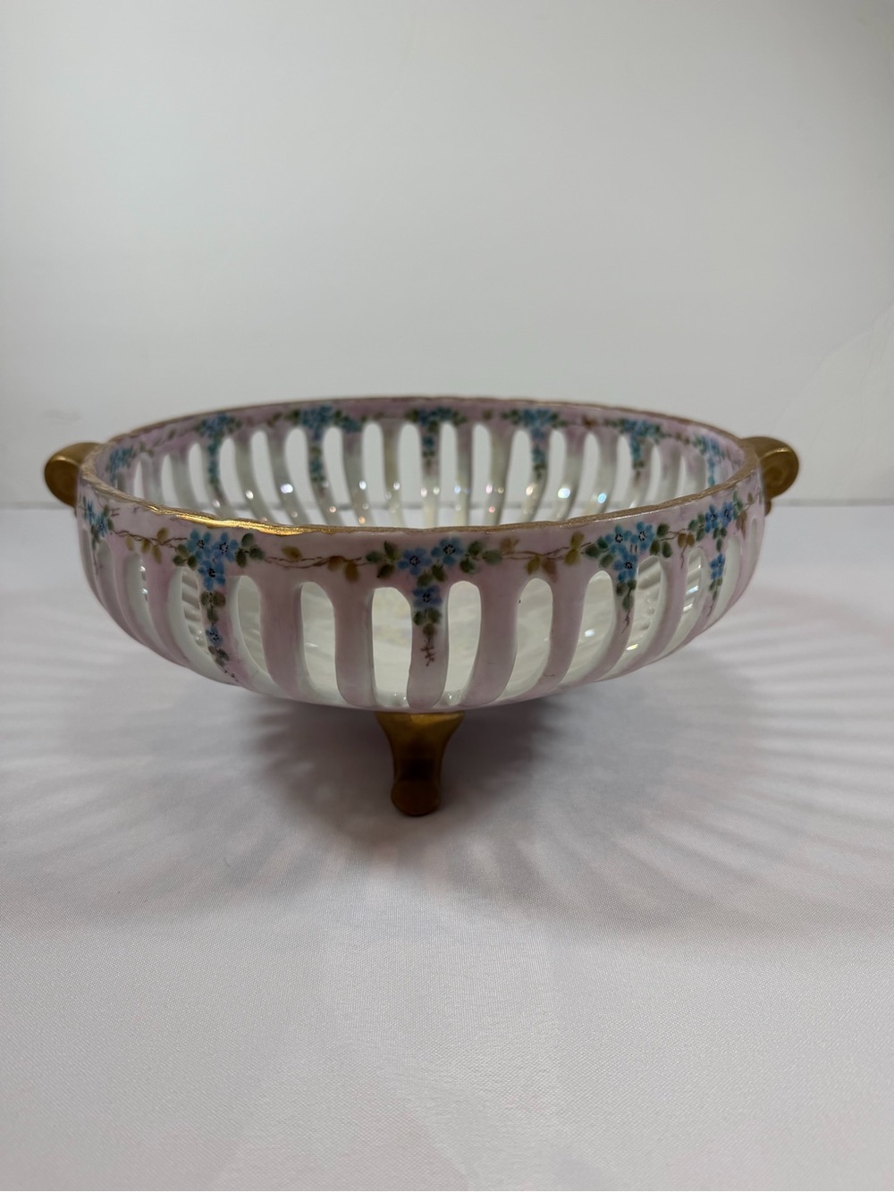 Vintage Reticulated Lattice Footed Fruit Bowl, Dresden-Style, Luster Glaze